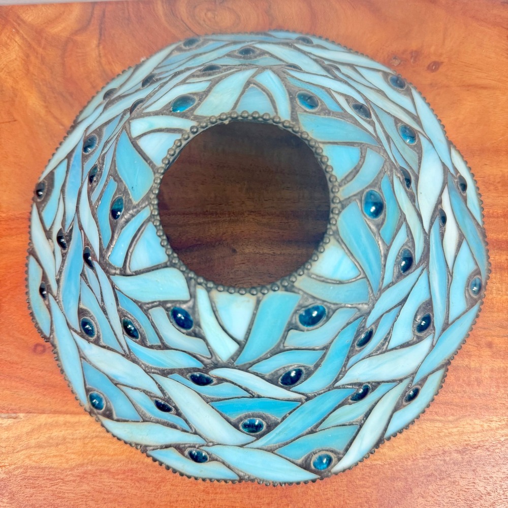 Tiffany Style Stained Glass 10"Leaded Lamp Shade Color Blue w Blue Faux Pearls